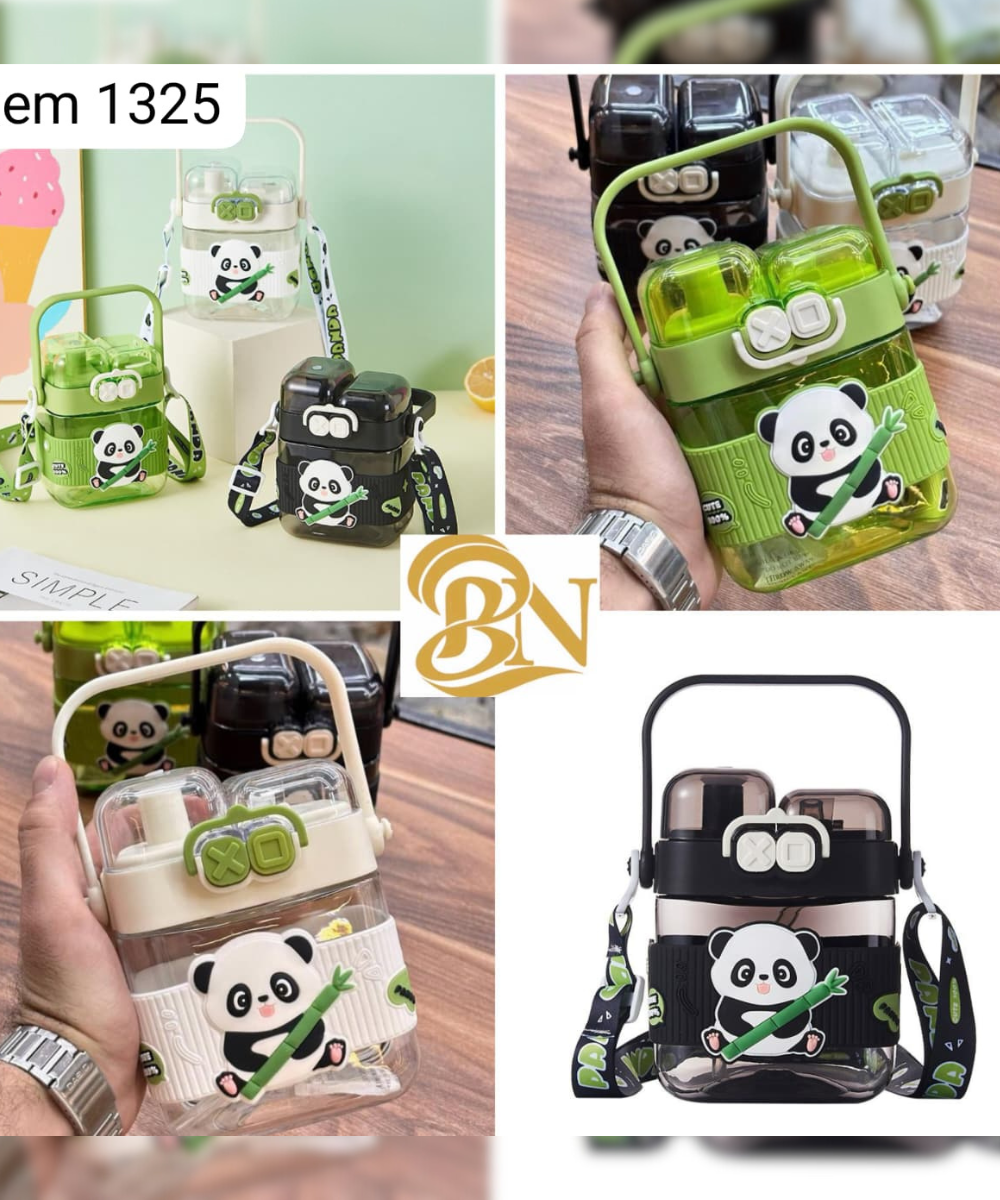600ml Cute Panda Kids Water Bottle with Straw & Double Lock Lid – Carry Strap (Item 1325)