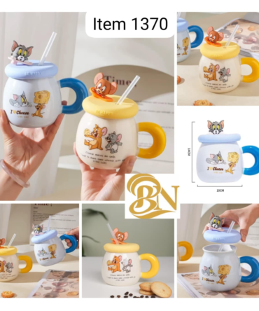 Tom & Jerry Ceramic Glass Mug with Straw & Lid – 500ml Cute Coffee Cup