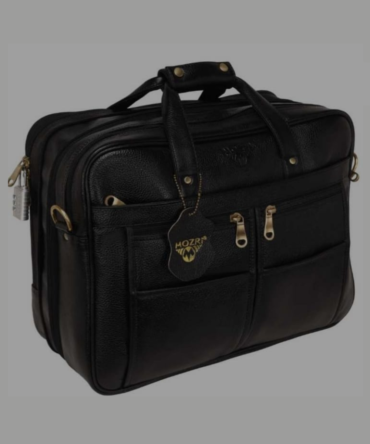 Men’s Black Genuine Leather Laptop Office Bag with Front Utility Pockets – Premium Executive Briefcase
