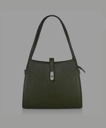 Womenβs Olive Green Textured Genuine Leather Handbag with Metal Lock β Premium Shoulder Bag
